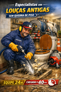 T&eacute;cnico desentupindo vaso sanit&aacute;rio antigo em banheiro na Vila Yara, Osasco