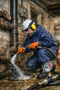 Técnico realizando hidrojateamento calibrado em tubulação de ferro fundido em Presidente Altino, Osasco