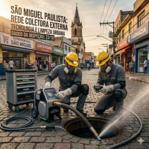 Equipe técnica realizando desentupimento de esgoto comercial em São Miguel Paulista, Zona Leste.