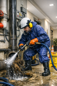 T&eacute;cnico realizando desentupimento de prumada vertical em condom&iacute;nio na Vila Campesina, Osasco