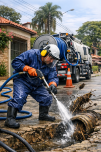 T&eacute;cnico realizando hidrojateamento para remo&ccedil;&atilde;o de ra&iacute;zes em tubula&ccedil;&atilde;o na Vila S&atilde;o Francisco, Osasco