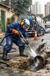 T&eacute;cnico realizando desentupimento de esgoto em resid&ecirc;ncia na Vila Yara, Osasco