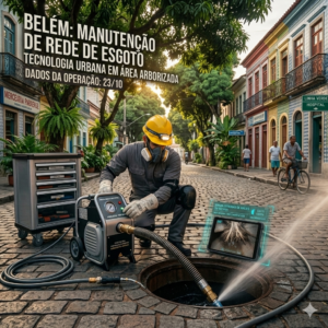 T&eacute;cnico desentupidor realizando manuten&ccedil;&atilde;o de rede de esgoto em rua arborizada do Bel&eacute;m.