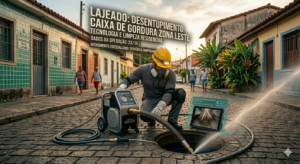 Equipe t&eacute;cnica realizando desentupimento de rede de esgoto no distrito do Lajeado com caminh&atilde;o de hidrojateamento.