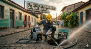 T&eacute;cnico realizando o desentupimento de caixa de gordura residencial em Itaquera com sistema de v&aacute;cuo.