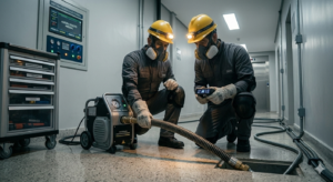 Equipe t&eacute;cnica realizando desentupimento de coluna predial em condom&iacute;nio no Jos&eacute; Bonif&aacute;cio, Itaquera.