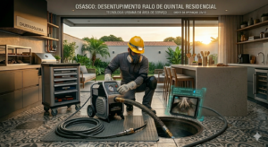 T&eacute;cnico realizando desentupimento de ralo externo em quintal de resid&ecirc;ncia em Osasco