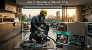 Técnico especializado operando sonda de vídeo inspeção em varanda gourmet de luxo no Jardim Anália Franco.