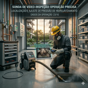 T&eacute;cnico desentupidor operando m&aacute;quina de hidrojateamento em rede de esgoto na Vila Curu&ccedil;&aacute;.