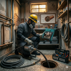 T&eacute;cnico desentupidor realizando manuten&ccedil;&atilde;o preventiva em caixa de gordura residencial na Vila Esperan&ccedil;a.