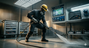 Técnico especializado operando bico atomizador de hidrojateamento em rede de esgoto comercial na Mooca.