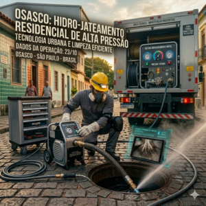 T&eacute;cnico operando equipamento de hidrojateamento para desentupimento de esgoto em Osasco