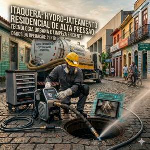 Caminhão de hidrojateamento de alta pressão realizando limpeza de galeria pluvial em área industrial de Itaquera.