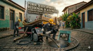 Caminhão de hidrojateamento realizando limpeza técnica de rede de esgoto na Penha de França, São Paulo.