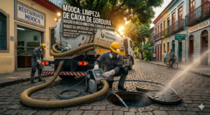 Caminh&atilde;o de suc&ccedil;&atilde;o a v&aacute;cuo realizando a limpeza de caixa de gordura em restaurante no bairro da Mooca.